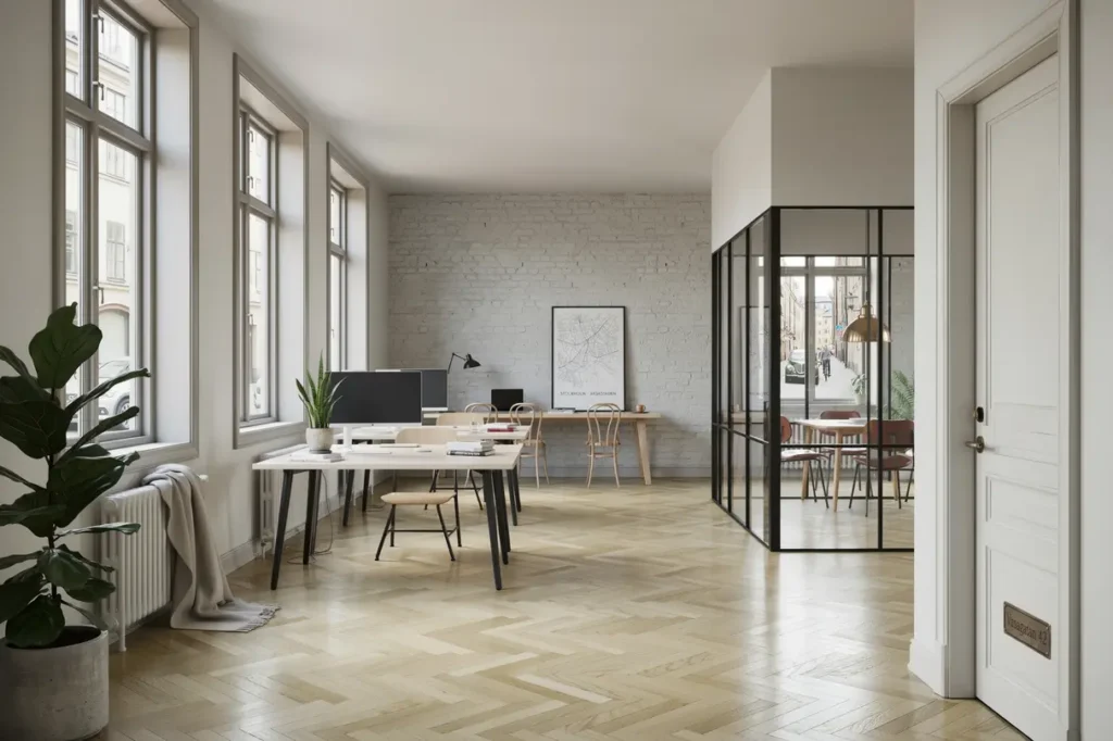 ombyggnad av butikslokal till modern kontorsmilj i vasastaden